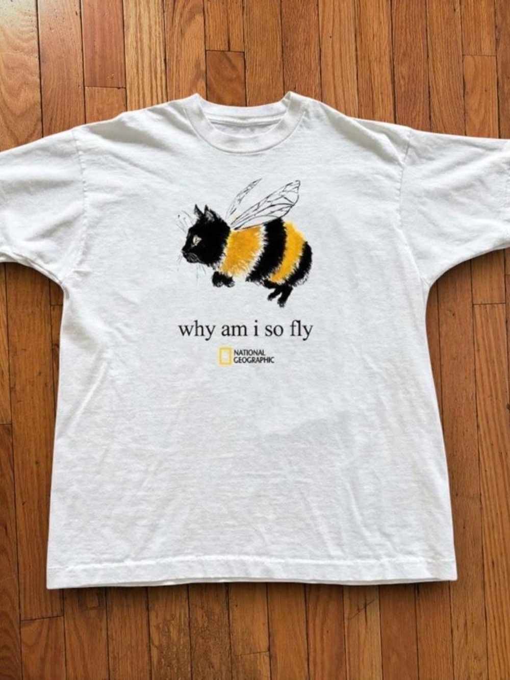 Gildan White Tee with Black and Yellow Bee-Cat Graphic